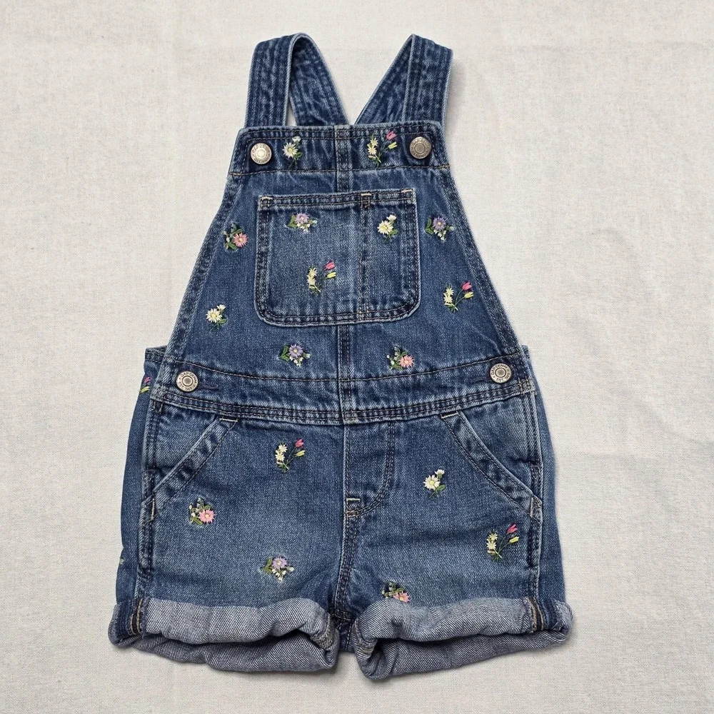 Gap Kids Embroidered Denim Short Overalls Girls Size 18-24M Blue